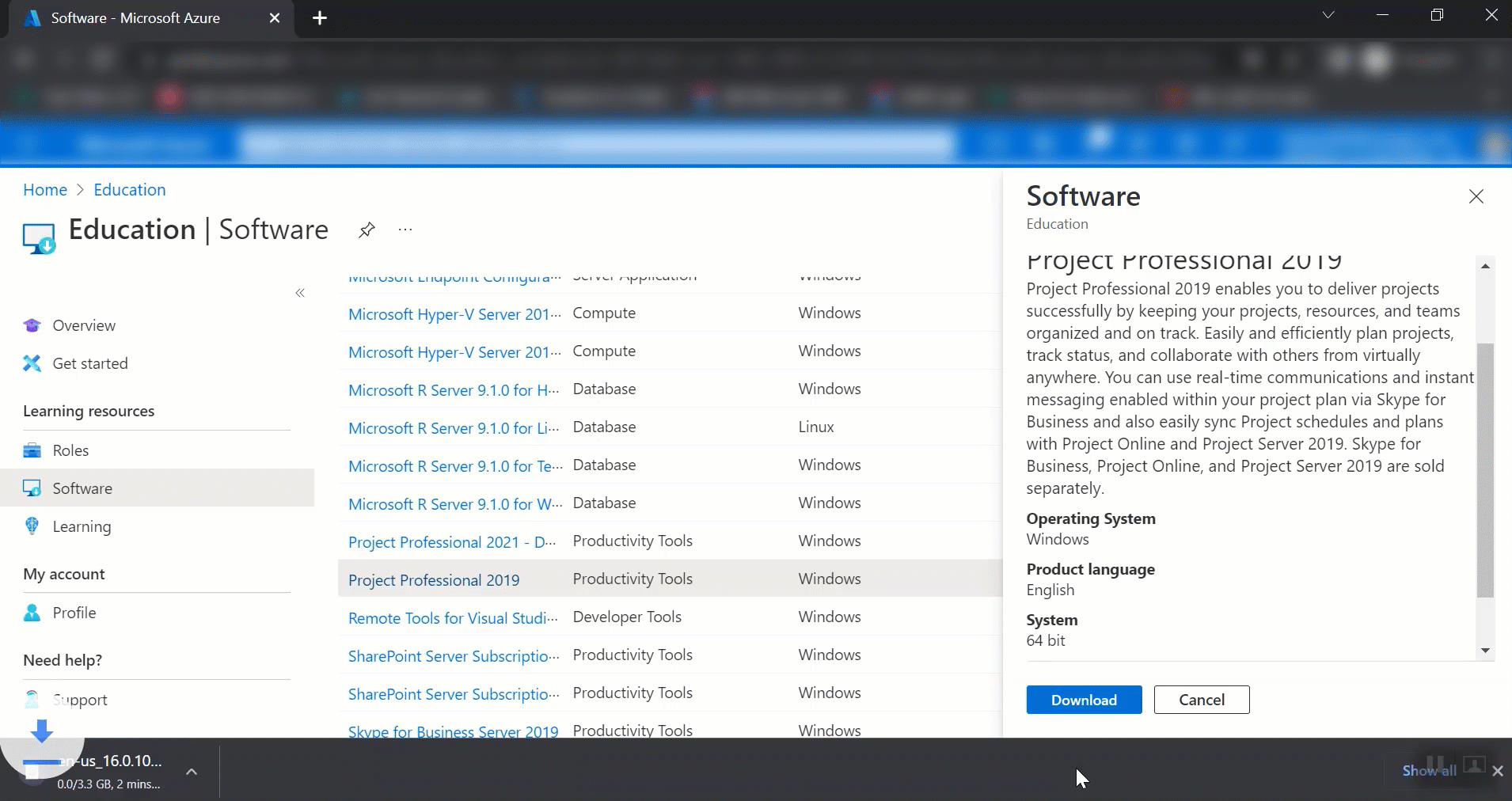 Project Professional download window with download button